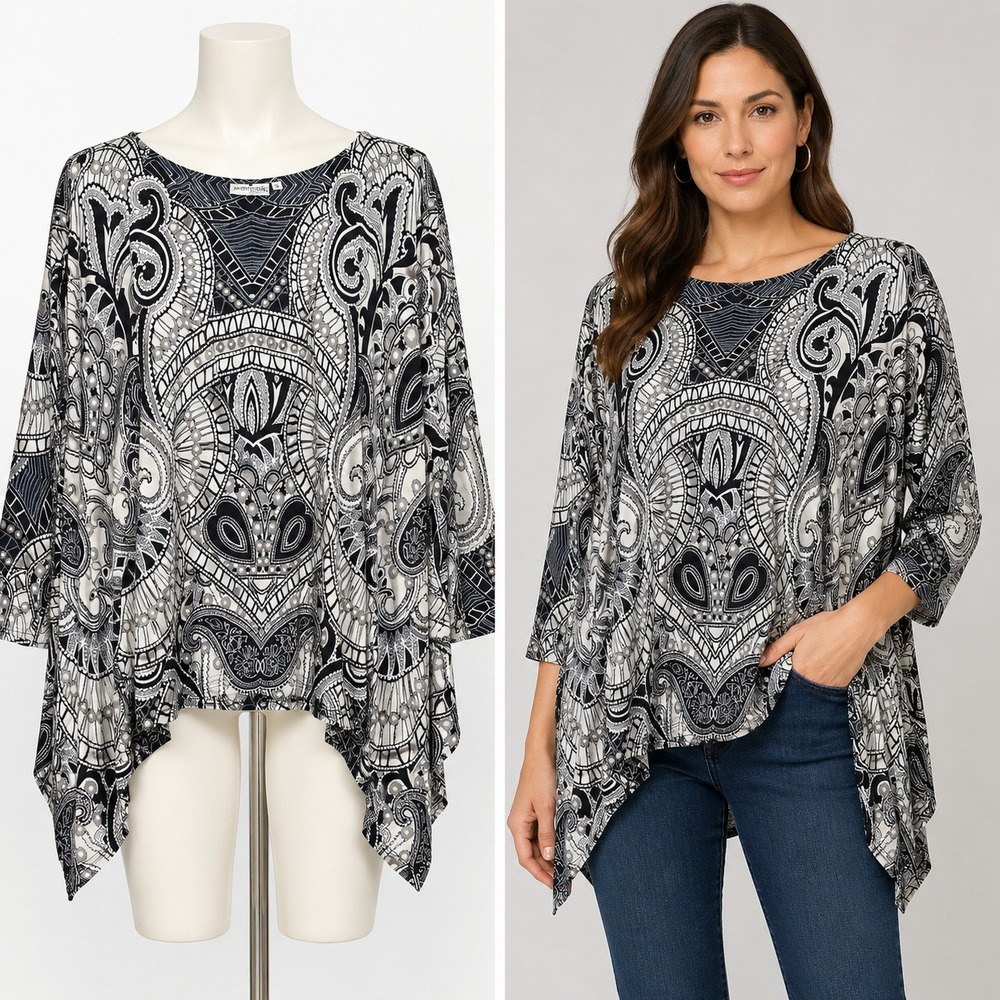 Attitudes by Renee Top Women S Black White Paisley Sharkbite Hem Dolman Sleeve